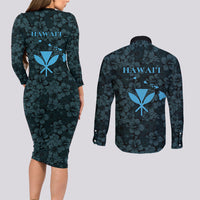 Hawaii Lei Kamehameha Couples Matching Long Sleeve Bodycon Dress and Long Sleeve Button Shirt Uliuli Seamless Pattern Hibiscus Flower LT9 - Polynesian Pride