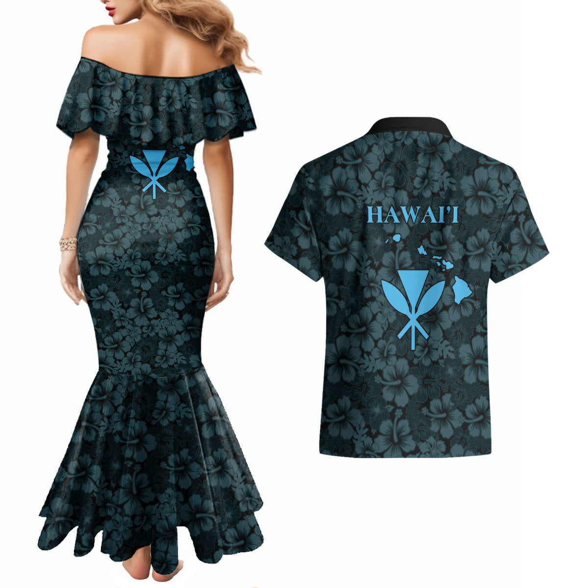 Hawaii Lei Kamehameha Couples Matching Mermaid Dress and Hawaiian Shirt Uliuli Seamless Pattern Hibiscus Flower LT9 - Polynesian Pride