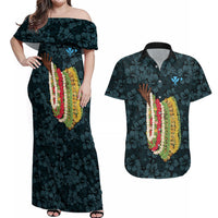 Hawaii Lei Kamehameha Couples Matching Off Shoulder Maxi Dress and Hawaiian Shirt Uliuli Seamless Pattern Hibiscus Flower LT9 Blue - Polynesian Pride