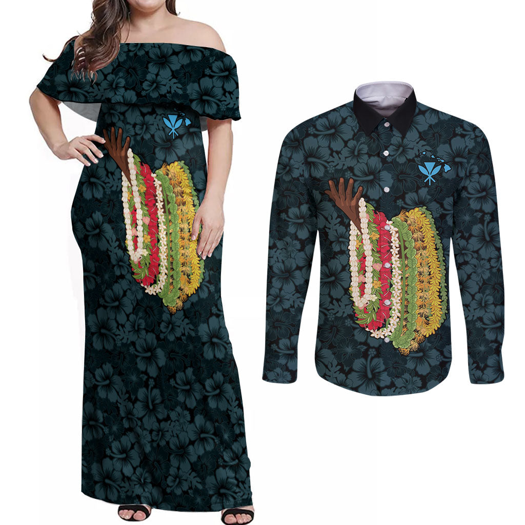Hawaii Lei Kamehameha Couples Matching Off Shoulder Maxi Dress and Long Sleeve Button Shirt Uliuli Seamless Pattern Hibiscus Flower