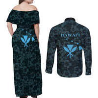 Hawaii Lei Kamehameha Couples Matching Off Shoulder Maxi Dress and Long Sleeve Button Shirt Uliuli Seamless Pattern Hibiscus Flower