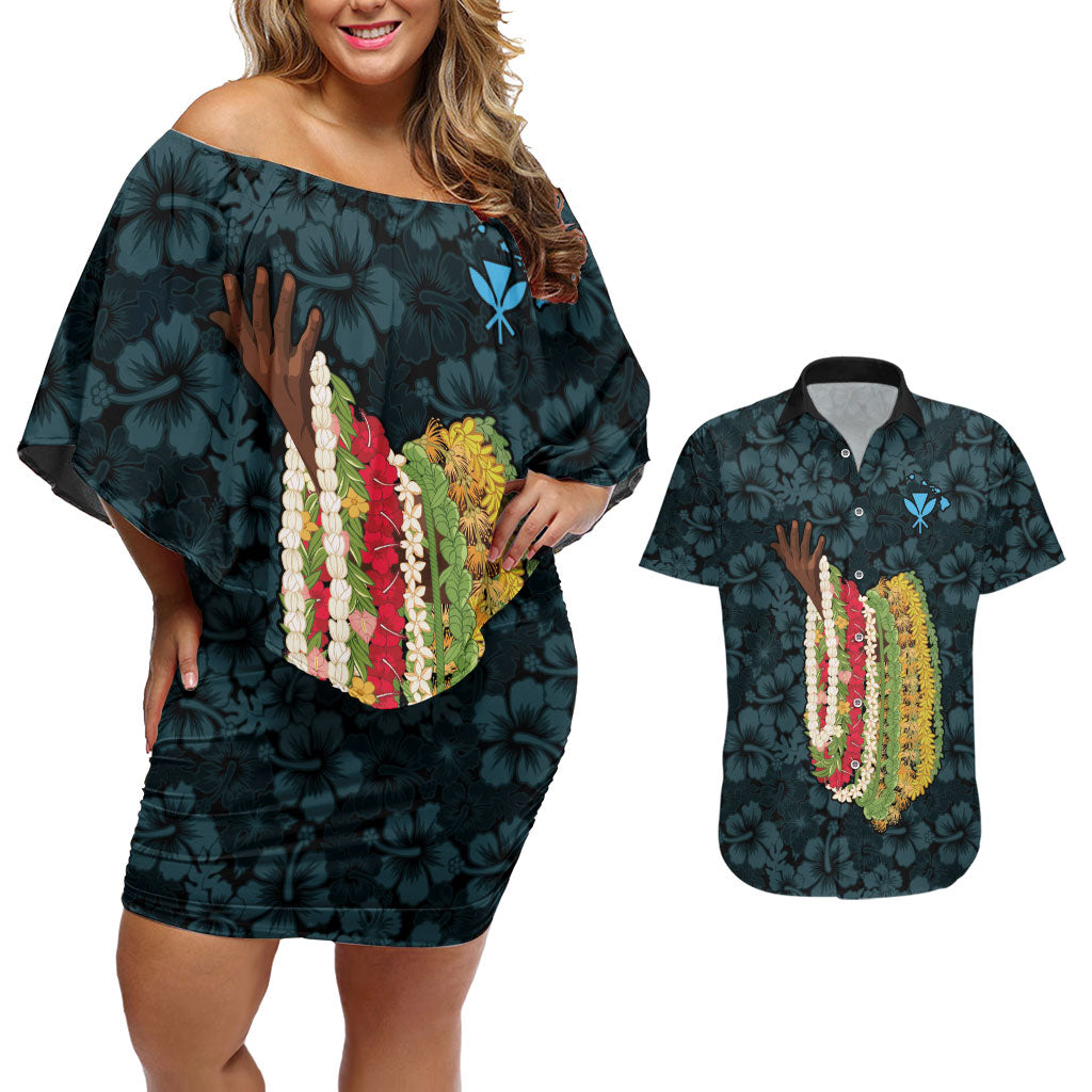Hawaii Lei Kamehameha Couples Matching Off Shoulder Short Dress and Hawaiian Shirt Uliuli Seamless Pattern Hibiscus Flower