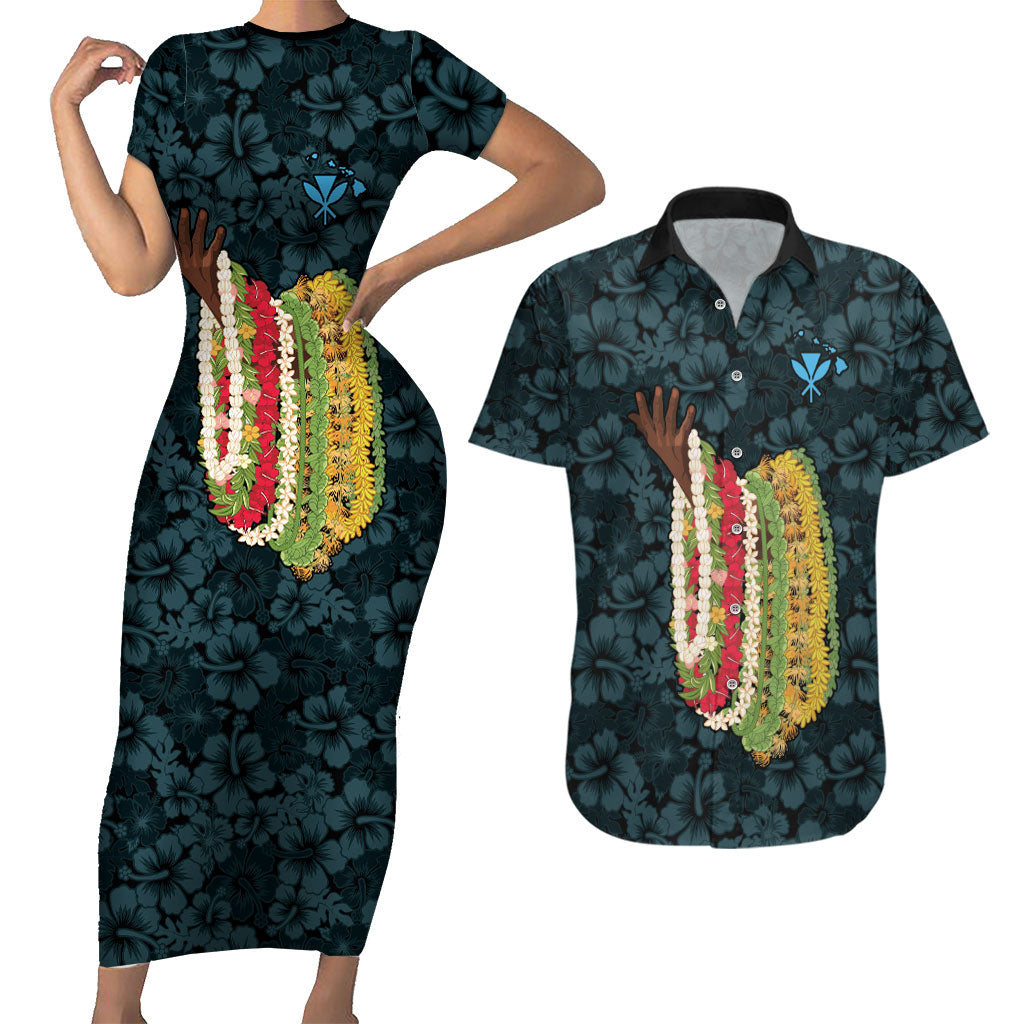 Hawaii Lei Kamehameha Couples Matching Short Sleeve Bodycon Dress and Hawaiian Shirt Uliuli Seamless Pattern Hibiscus Flower