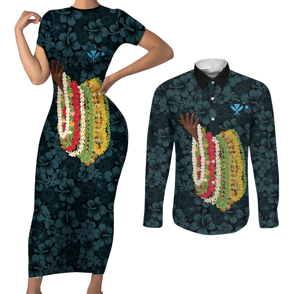 Hawaii Lei Kamehameha Couples Matching Short Sleeve Bodycon Dress and Long Sleeve Button Shirt Uliuli Seamless Pattern Hibiscus Flower LT9 Blue - Polynesian Pride