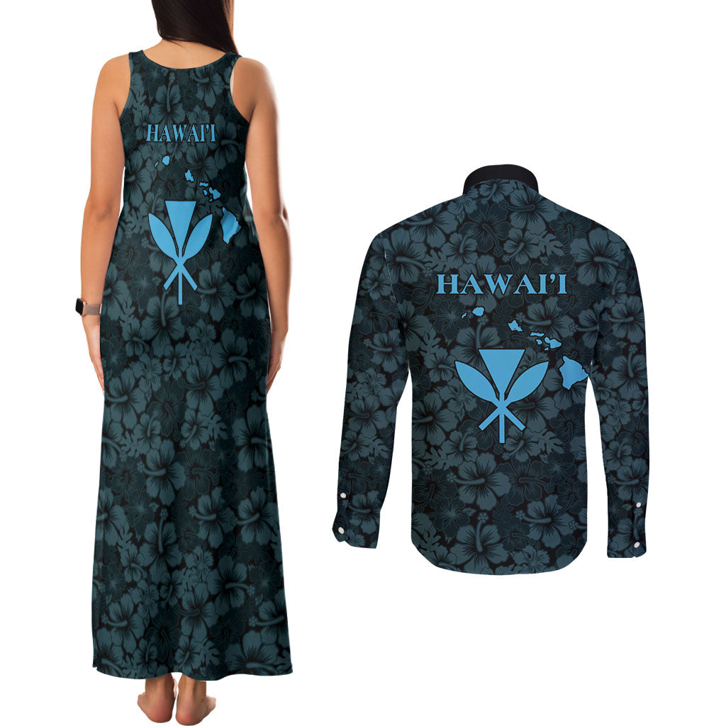 Hawaii Lei Kamehameha Couples Matching Tank Maxi Dress and Long Sleeve Button Shirt Uliuli Seamless Pattern Hibiscus Flower