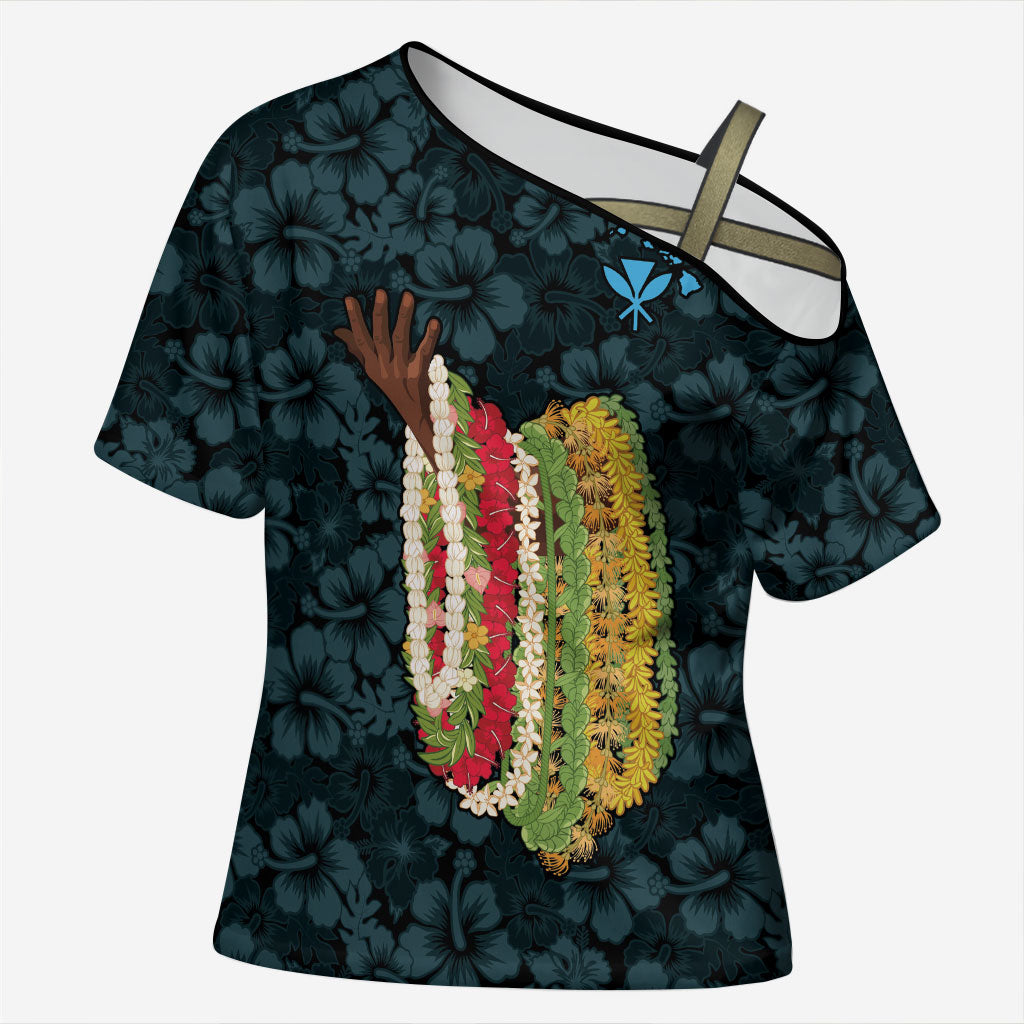 Hawaii Lei Kamehameha Cross Shoulder Shirt Uliuli Seamless Pattern Hibiscus Flower