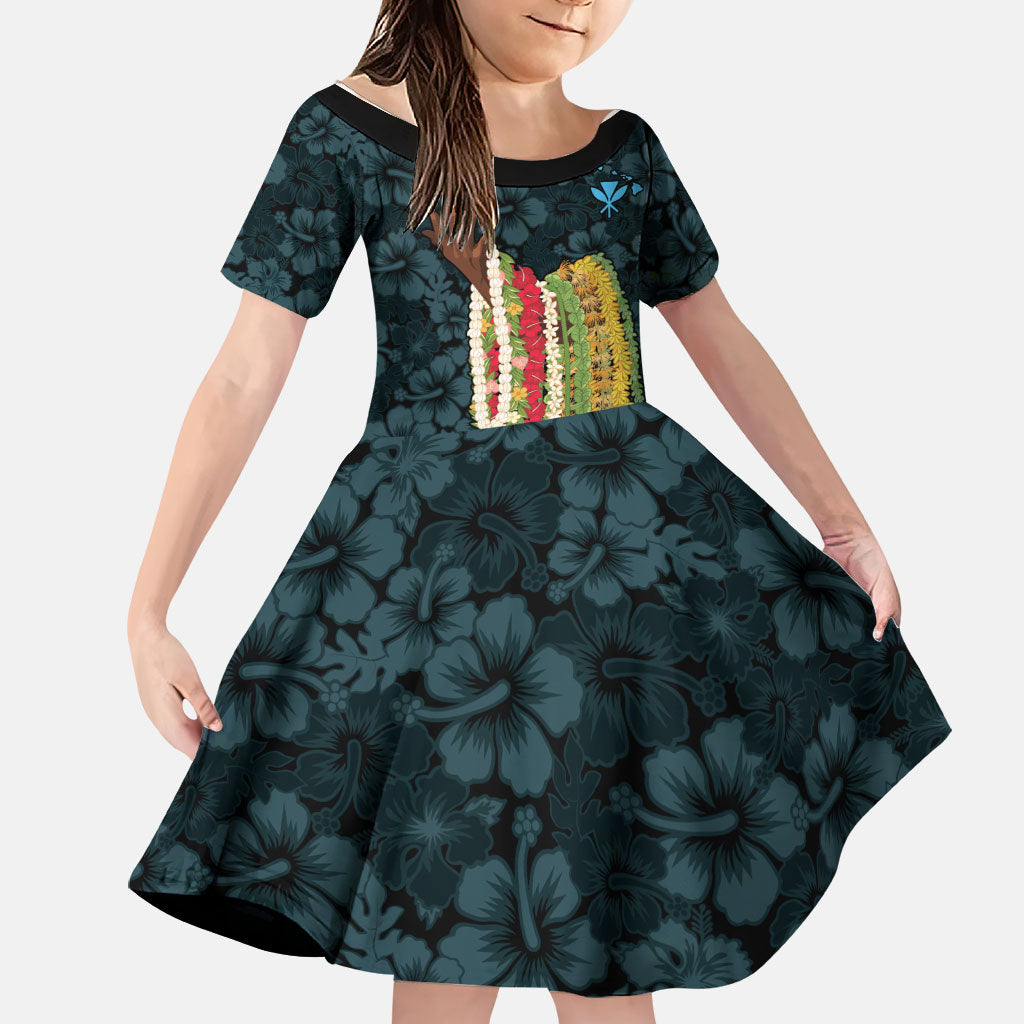Hawaii Lei Kamehameha Family Matching Mermaid Dress and Hawaiian Shirt Uliuli Seamless Pattern Hibiscus Flower LT9 Daughter's Dress Blue - Polynesian Pride