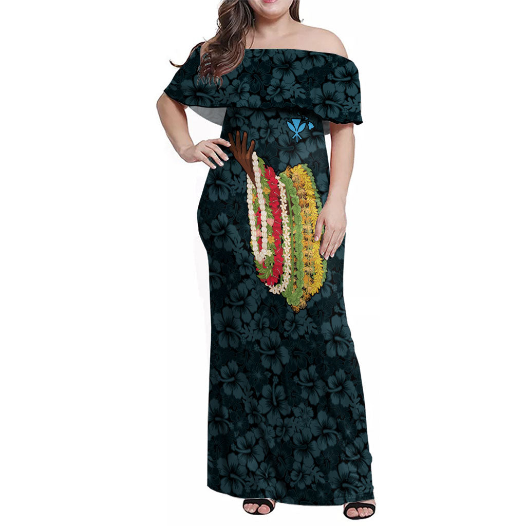 Hawaii Lei Kamehameha Family Matching Off Shoulder Maxi Dress and Hawaiian Shirt Uliuli Seamless Pattern Hibiscus Flower LT9 Mom's Dress Blue - Polynesian Pride