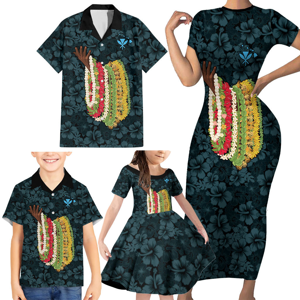 Hawaii Lei Kamehameha Family Matching Short Sleeve Bodycon Dress and Hawaiian Shirt Uliuli Seamless Pattern Hibiscus Flower LT9 - Polynesian Pride