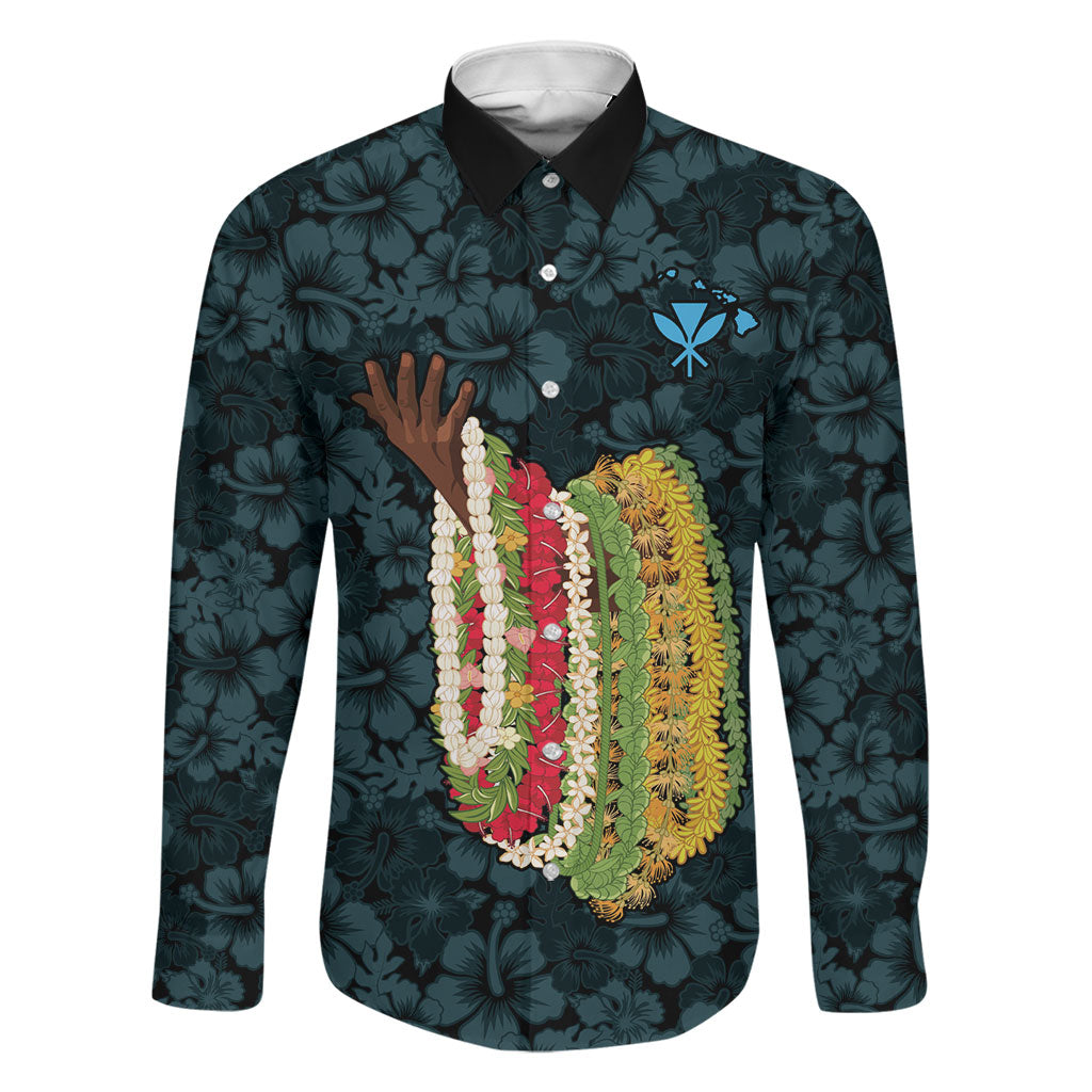Hawaii Lei Kamehameha Family Matching Tank Maxi Dress and Hawaiian Shirt Uliuli Seamless Pattern Hibiscus Flower LT9 Dad's Shirt - Long Sleeve Blue - Polynesian Pride