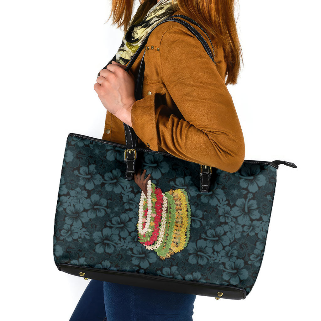 Hawaii Lei Kamehameha Leather Tote Bag Uliuli Seamless Pattern Hibiscus Flower LT9 Blue - Polynesian Pride