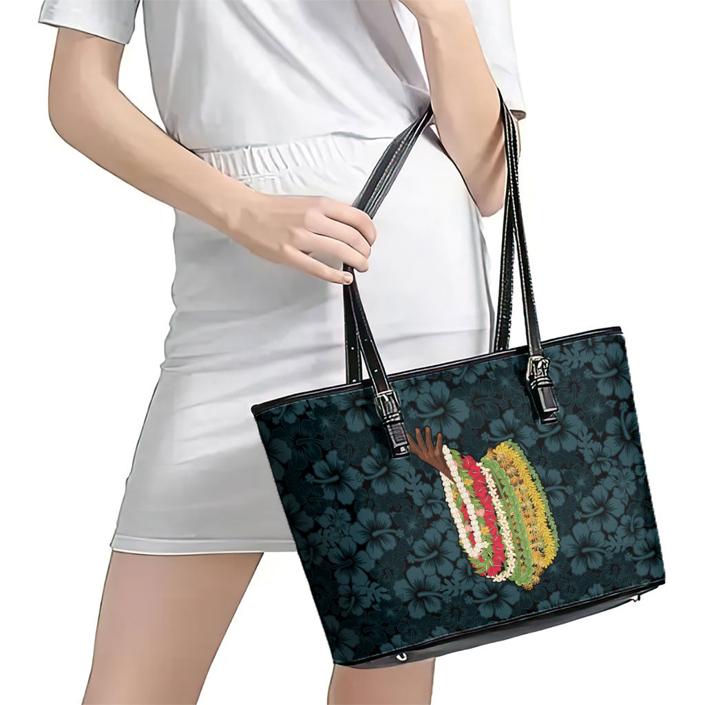 Hawaii Lei Kamehameha Leather Tote Bag Uliuli Seamless Pattern Hibiscus Flower LT9 - Polynesian Pride