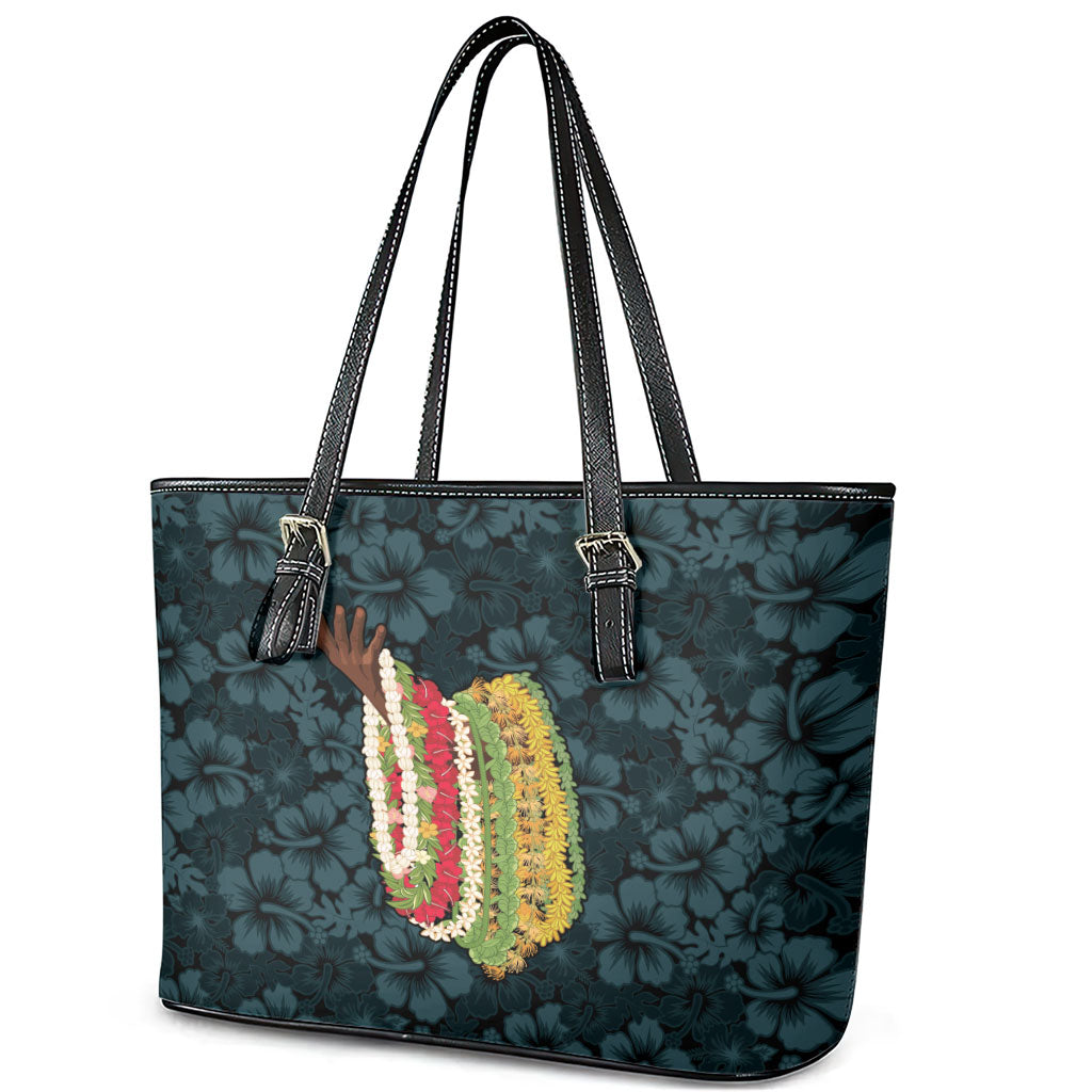 Hawaii Lei Kamehameha Leather Tote Bag Uliuli Seamless Pattern Hibiscus Flower LT9 - Polynesian Pride