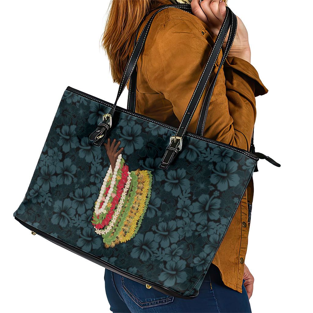 Hawaii Lei Kamehameha Leather Tote Bag Uliuli Seamless Pattern Hibiscus Flower LT9 - Polynesian Pride