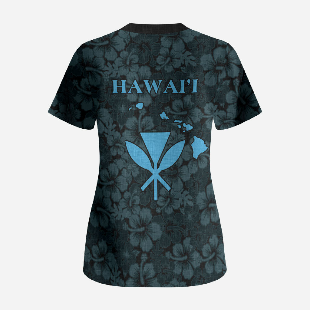 Hawaii Lei Kamehameha Scrub Top Uliuli Seamless Pattern Hibiscus Flower