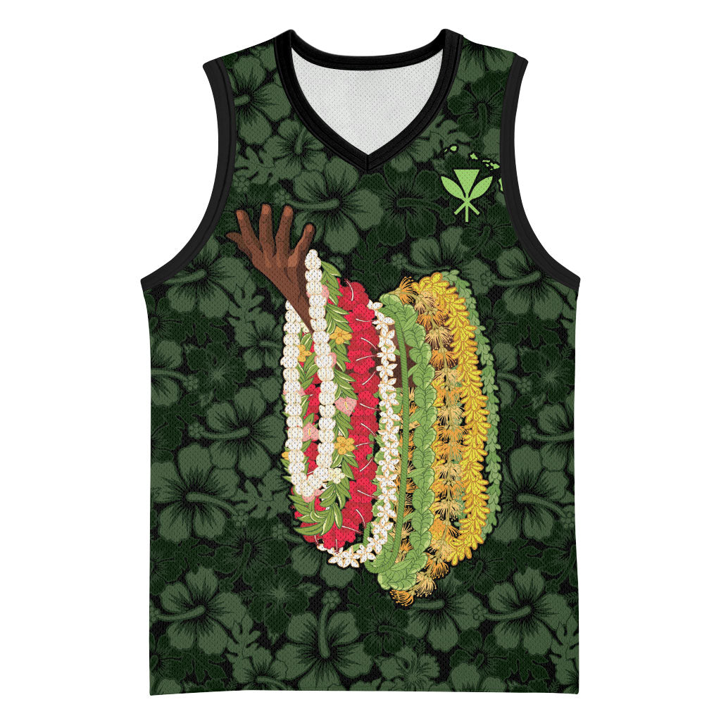 Hawaii Lei Kamehameha Basketball Jersey Oma'oma'o Seamless Pattern Hibiscus Flower LT9 Unisex Green - Polynesian Pride