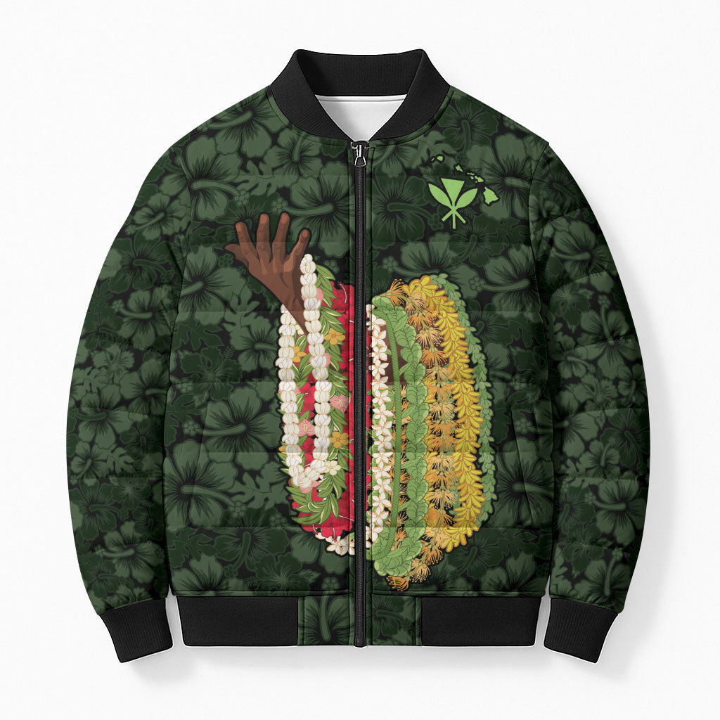 Hawaii Lei Kamehameha Bomber Puffer Jacket Oma'oma'o Seamless Pattern Hibiscus Flower