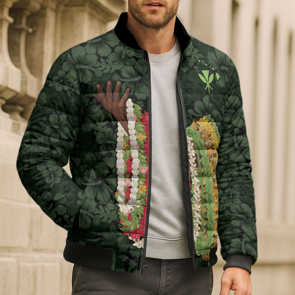 Hawaii Lei Kamehameha Bomber Puffer Jacket Oma'oma'o Seamless Pattern Hibiscus Flower LT9 - Polynesian Pride