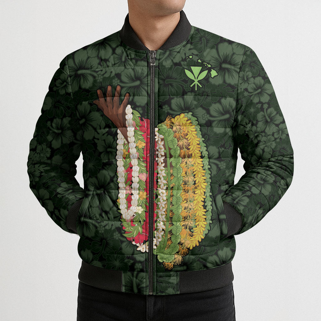 Hawaii Lei Kamehameha Bomber Puffer Jacket Oma'oma'o Seamless Pattern Hibiscus Flower LT9 - Polynesian Pride