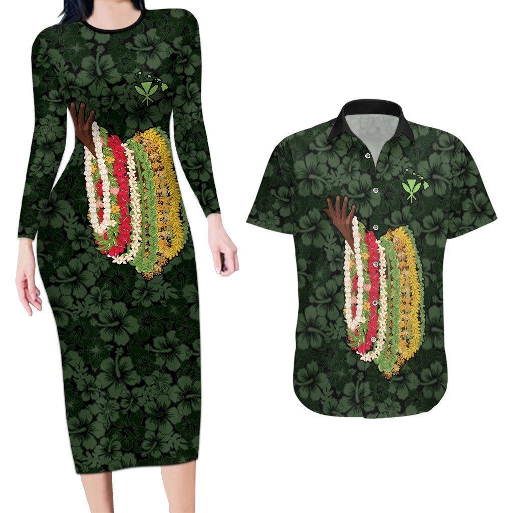 Hawaii Lei Kamehameha Couples Matching Long Sleeve Bodycon Dress and Hawaiian Shirt Oma'oma'o Seamless Pattern Hibiscus Flower LT9 Green - Polynesian Pride