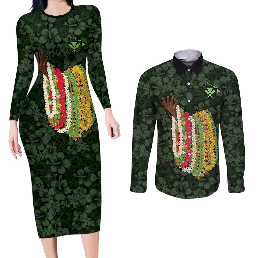 Hawaii Lei Kamehameha Couples Matching Long Sleeve Bodycon Dress and Long Sleeve Button Shirt Oma'oma'o Seamless Pattern Hibiscus Flower LT9 Green - Polynesian Pride