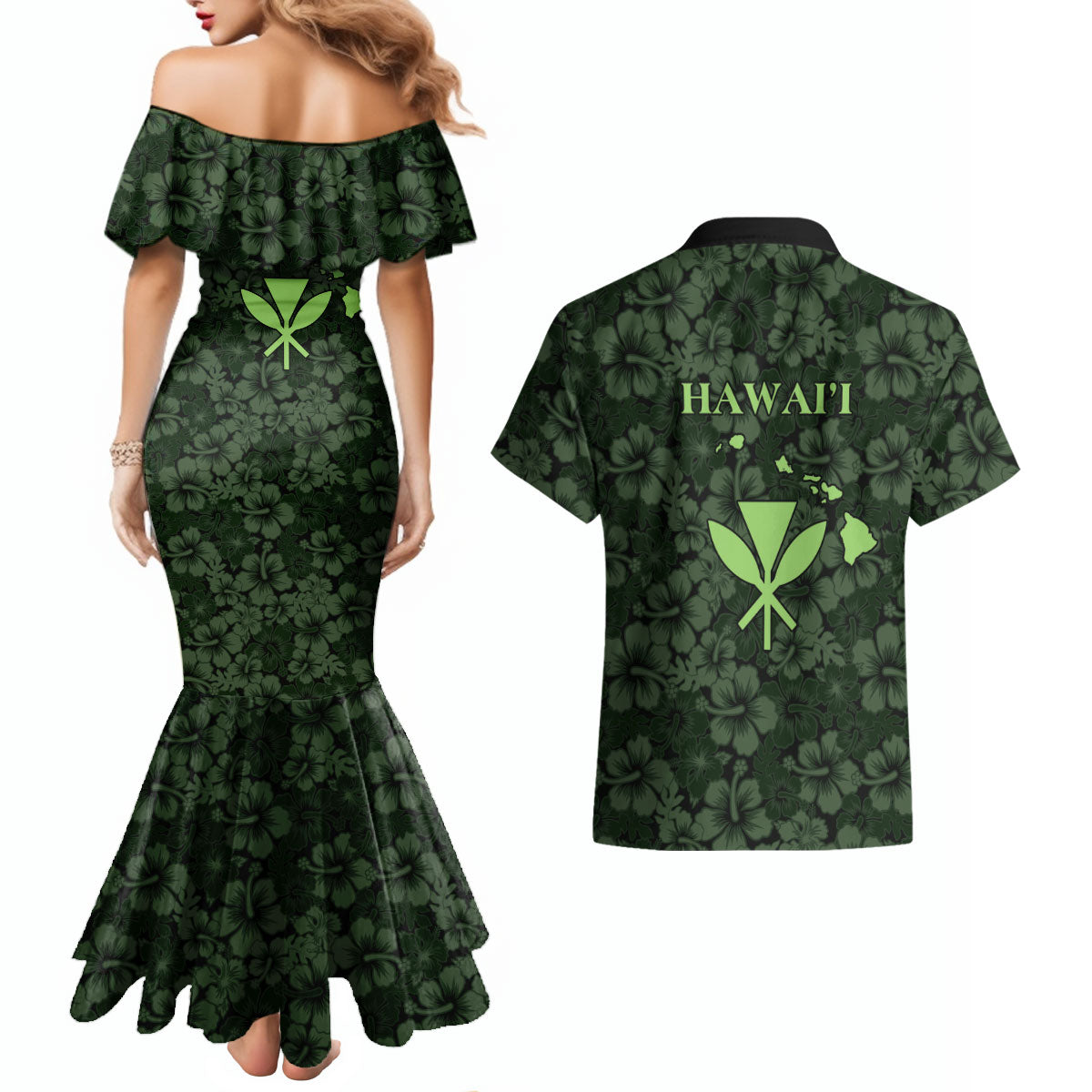 Hawaii Lei Kamehameha Couples Matching Mermaid Dress and Hawaiian Shirt Oma'oma'o Seamless Pattern Hibiscus Flower LT9 - Polynesian Pride