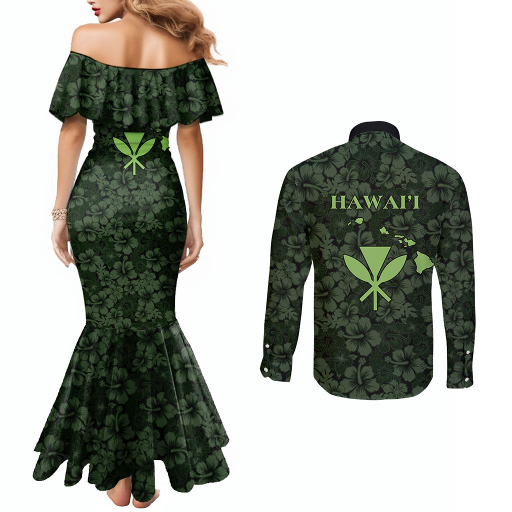 Hawaii Lei Kamehameha Couples Matching Mermaid Dress and Long Sleeve Button Shirt Oma'oma'o Seamless Pattern Hibiscus Flower LT9 - Polynesian Pride