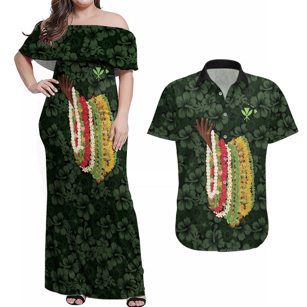 Hawaii Lei Kamehameha Couples Matching Off Shoulder Maxi Dress and Hawaiian Shirt Oma'oma'o Seamless Pattern Hibiscus Flower