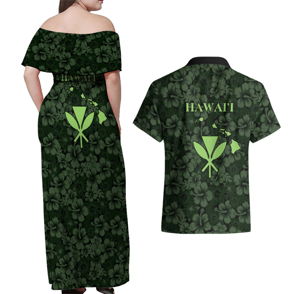 Hawaii Lei Kamehameha Couples Matching Off Shoulder Maxi Dress and Hawaiian Shirt Oma'oma'o Seamless Pattern Hibiscus Flower LT9 - Polynesian Pride