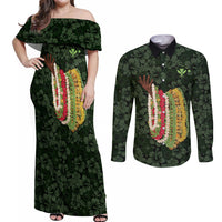 Hawaii Lei Kamehameha Couples Matching Off Shoulder Maxi Dress and Long Sleeve Button Shirt Oma'oma'o Seamless Pattern Hibiscus Flower LT9 Green - Polynesian Pride