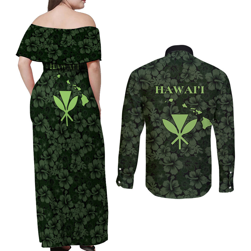 Hawaii Lei Kamehameha Couples Matching Off Shoulder Maxi Dress and Long Sleeve Button Shirt Oma'oma'o Seamless Pattern Hibiscus Flower LT9 - Polynesian Pride