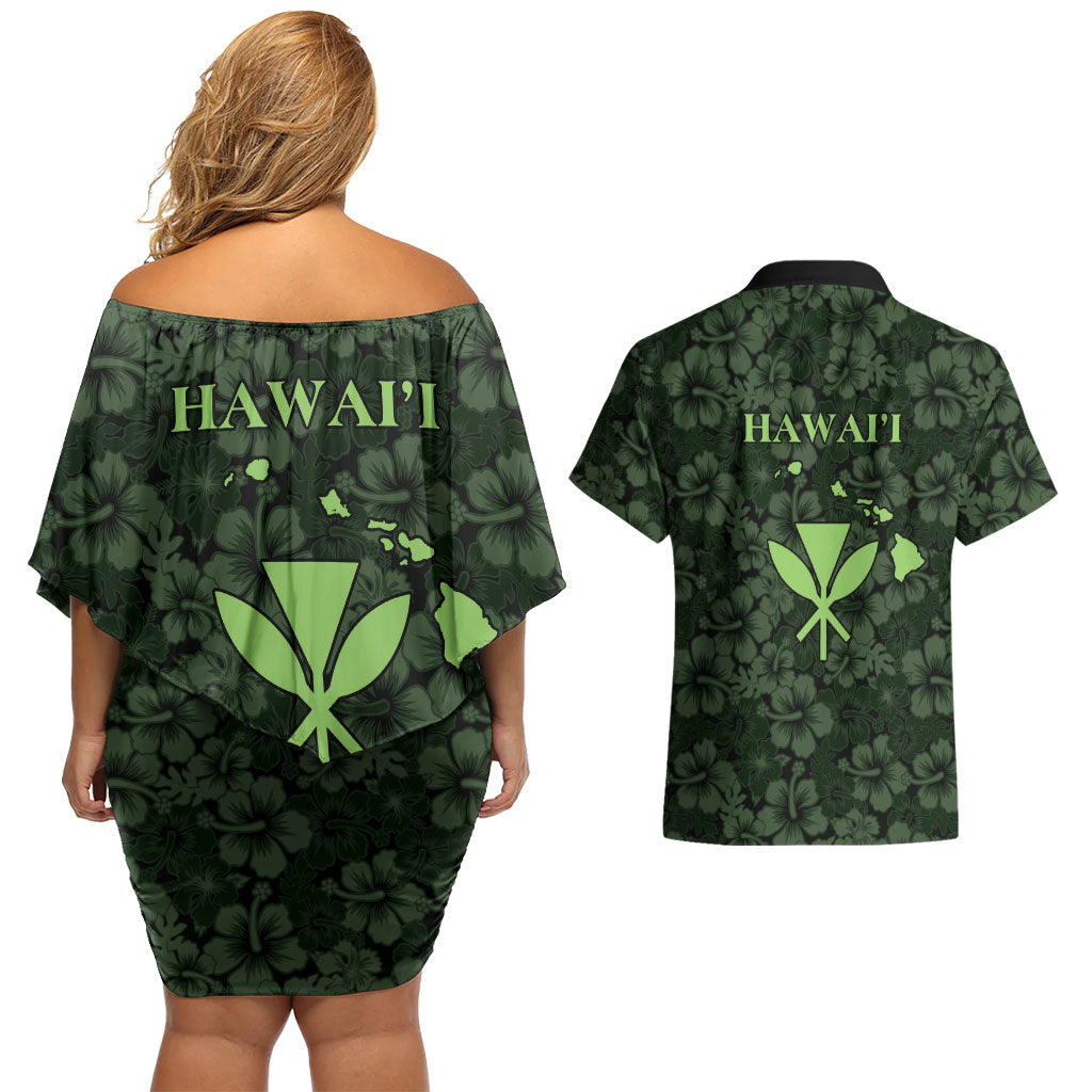 Hawaii Lei Kamehameha Couples Matching Off Shoulder Short Dress and Hawaiian Shirt Oma'oma'o Seamless Pattern Hibiscus Flower LT9 - Polynesian Pride