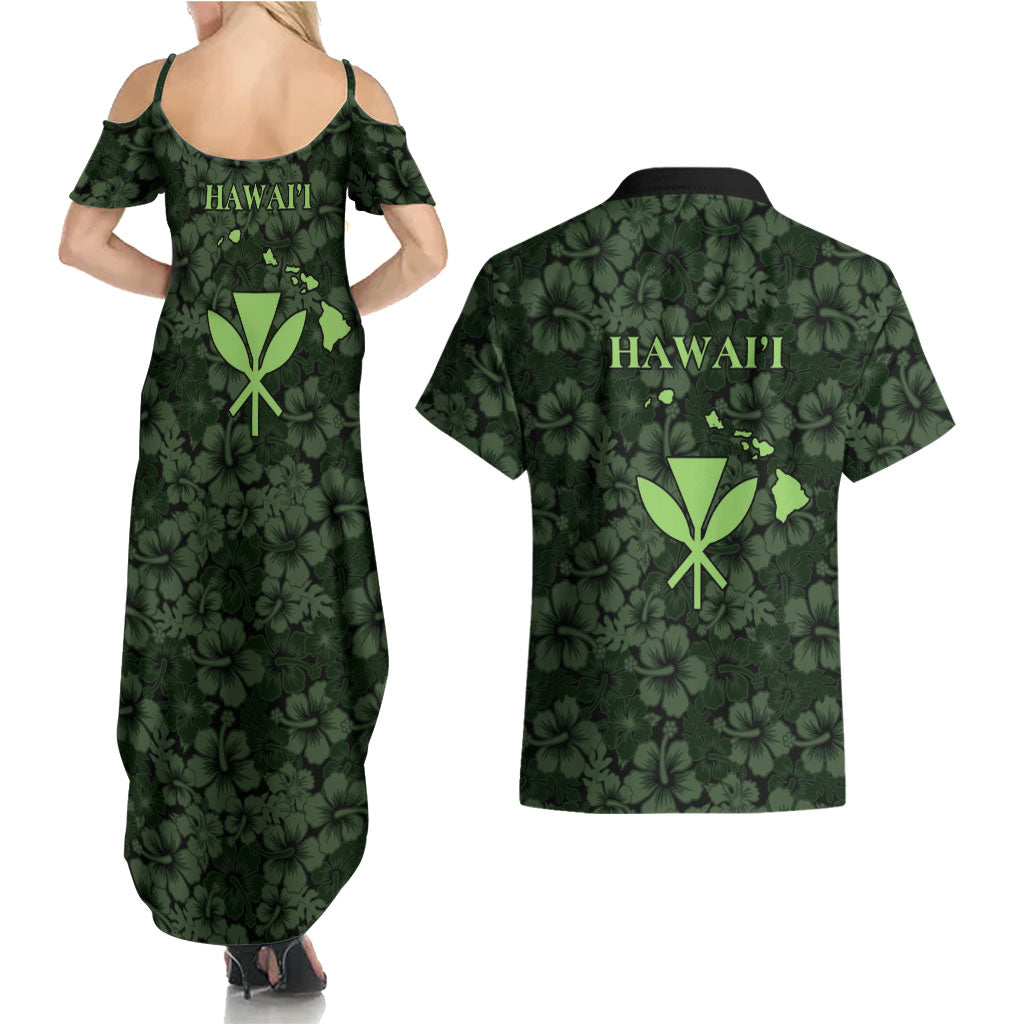 Hawaii Lei Kamehameha Couples Matching Summer Maxi Dress and Hawaiian Shirt Oma'oma'o Seamless Pattern Hibiscus Flower LT9 - Polynesian Pride