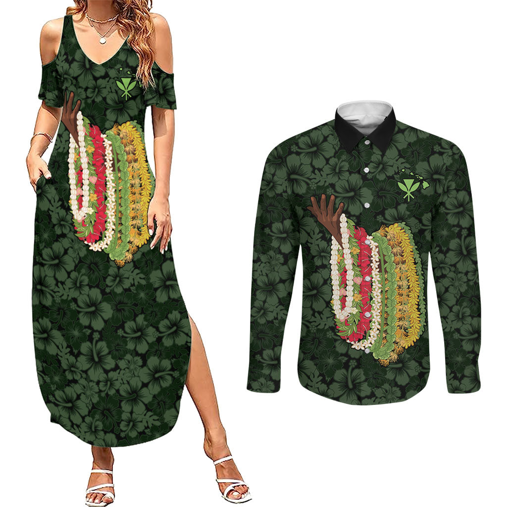 Hawaii Lei Kamehameha Couples Matching Summer Maxi Dress and Long Sleeve Button Shirt Oma'oma'o Seamless Pattern Hibiscus Flower
