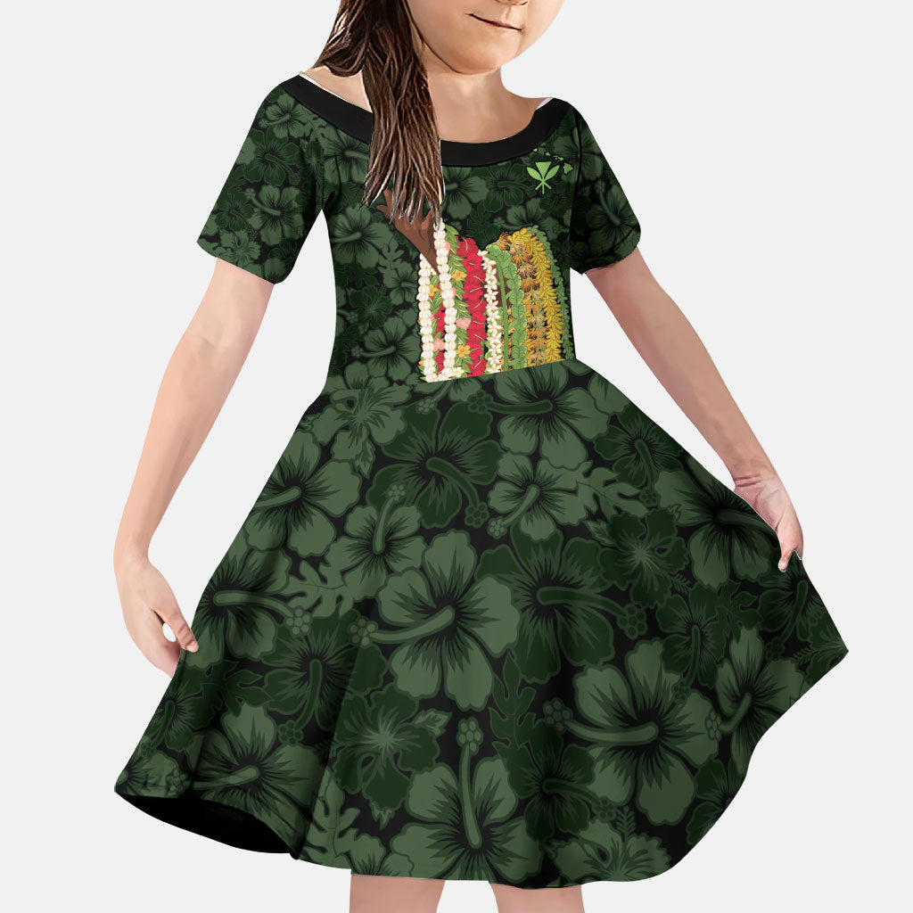 Hawaii Lei Kamehameha Family Matching Mermaid Dress and Hawaiian Shirt Oma'oma'o Seamless Pattern Hibiscus Flower LT9 Daughter's Dress Green - Polynesian Pride