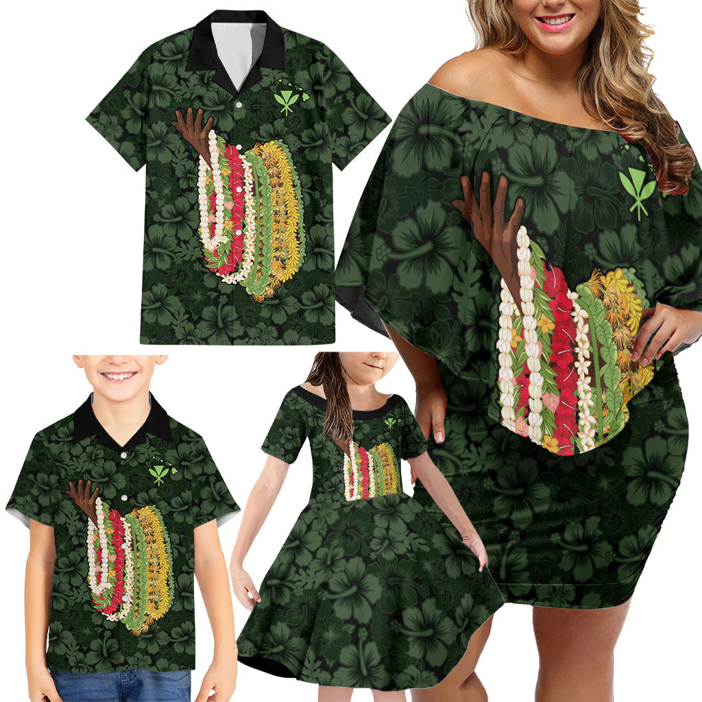 Hawaii Lei Kamehameha Family Matching Off Shoulder Short Dress and Hawaiian Shirt Oma'oma'o Seamless Pattern Hibiscus Flower