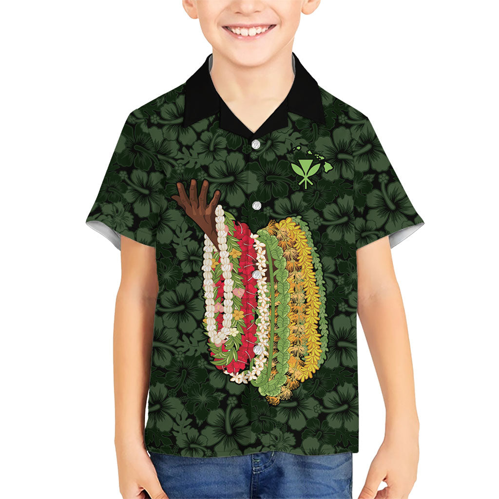 Hawaii Lei Kamehameha Family Matching Puletasi and Hawaiian Shirt Oma'oma'o Seamless Pattern Hibiscus Flower LT9 Son's Shirt Green - Polynesian Pride