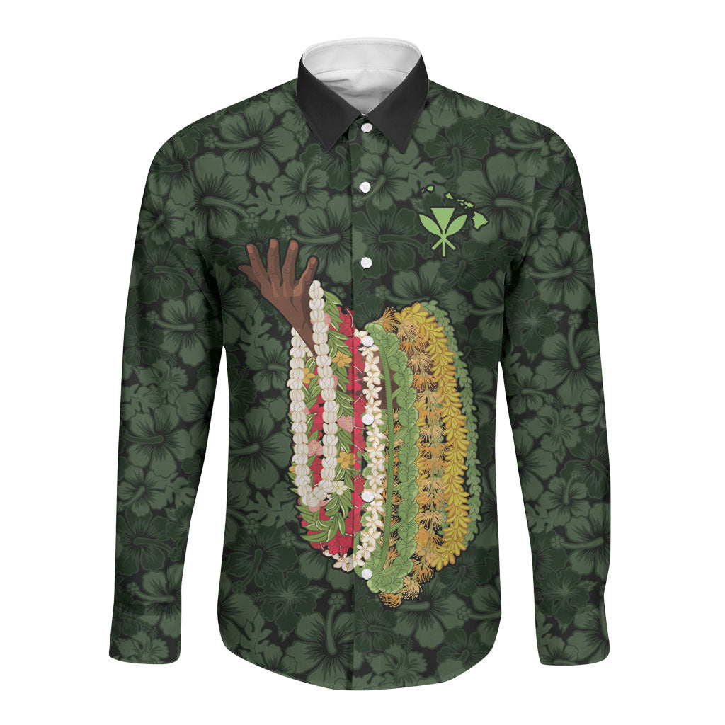 Hawaii Lei Kamehameha Long Sleeve Button Shirt Oma'oma'o Seamless Pattern Hibiscus Flower LT9 Unisex Green - Polynesian Pride