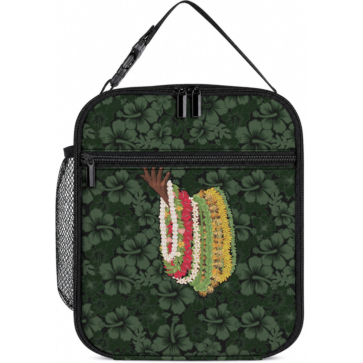 Hawaii Lei Kamehameha Lunch Bag Oma'oma'o Seamless Pattern Hibiscus Flower LT9 10.2 × 8.3 × 4.3 inch Green - Polynesian Pride