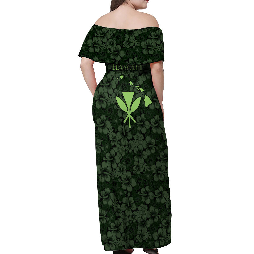 Hawaii Lei Kamehameha Off Shoulder Maxi Dress Oma'oma'o Seamless Pattern Hibiscus Flower