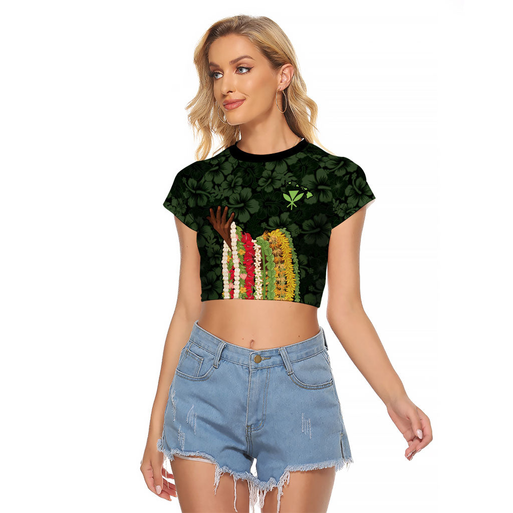 Hawaii Lei Kamehameha Raglan Cropped T Shirt Oma'oma'o Seamless Pattern Hibiscus Flower LT9 Female Green - Polynesian Pride