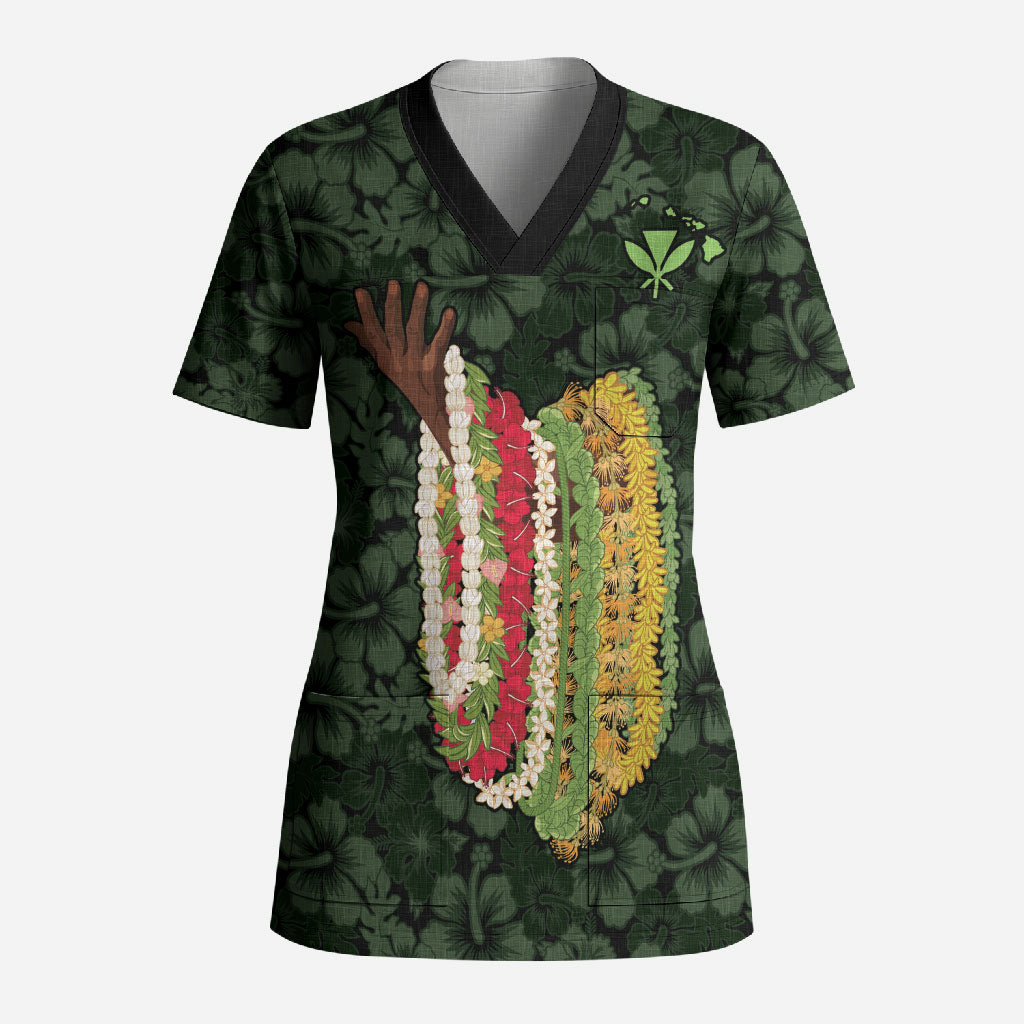 Hawaii Lei Kamehameha Scrub Top Oma'oma'o Seamless Pattern Hibiscus Flower