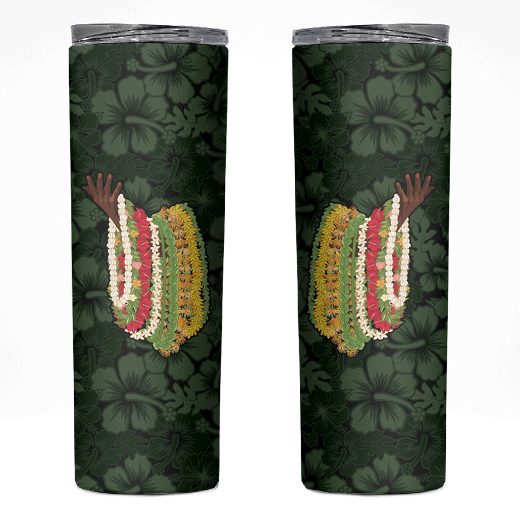 Hawaii Lei Kamehameha Skinny Tumbler Oma'oma'o Seamless Pattern Hibiscus Flower LT9 Green - Polynesian Pride
