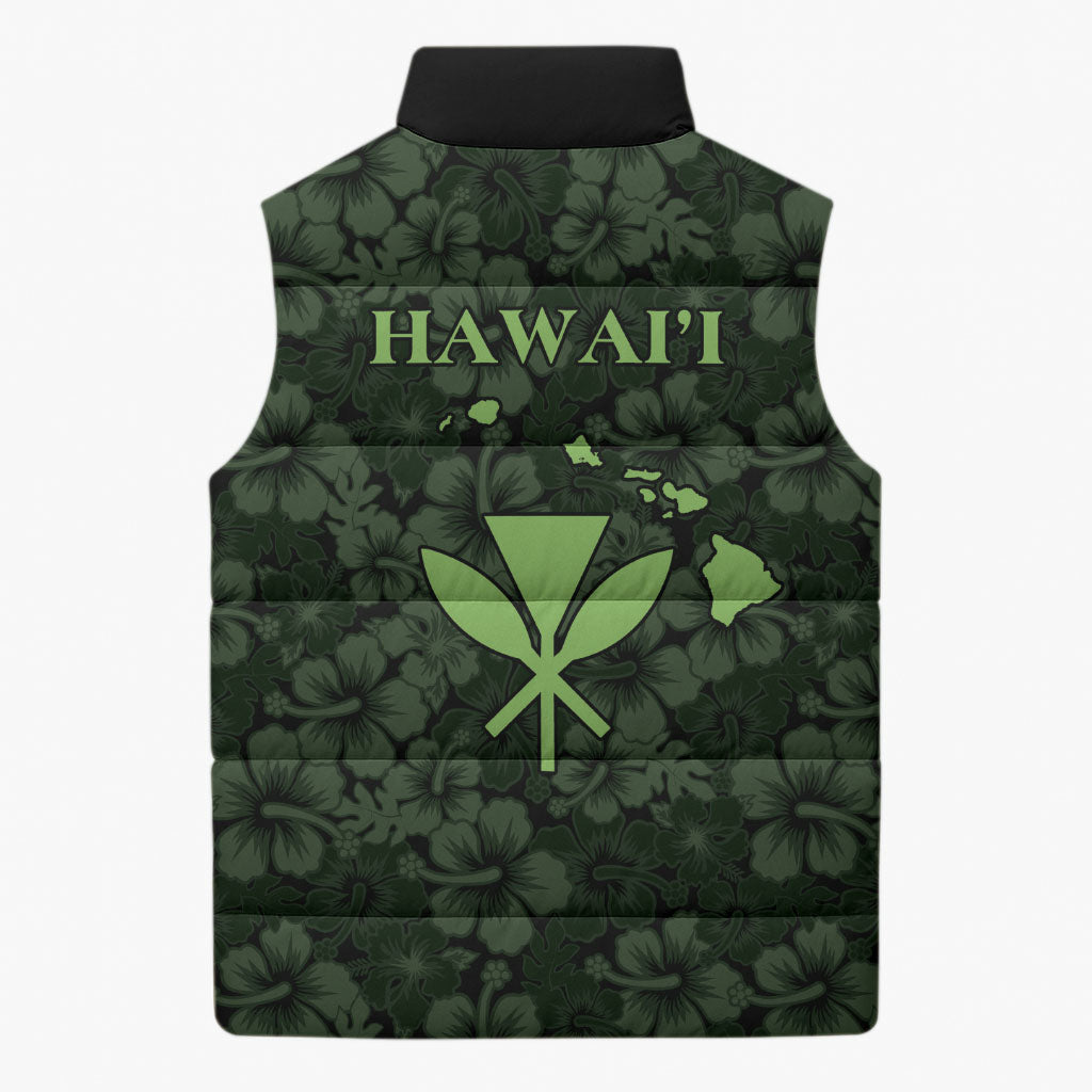 Hawaii Lei Kamehameha Sleeveless Puffer Jacket Oma'oma'o Seamless Pattern Hibiscus Flower