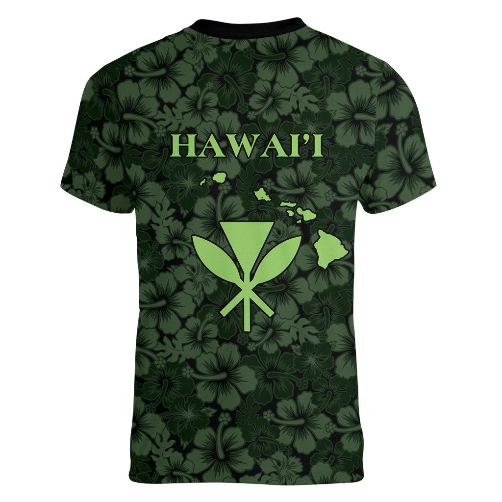 Hawaii Lei Kamehameha Women V-Neck T-Shirt Oma'oma'o Seamless Pattern Hibiscus Flower LT9 - Polynesian Pride