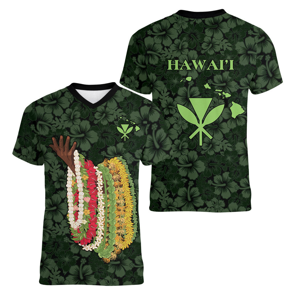 Hawaii Lei Kamehameha Women V-Neck T-Shirt Oma'oma'o Seamless Pattern Hibiscus Flower LT9 - Polynesian Pride
