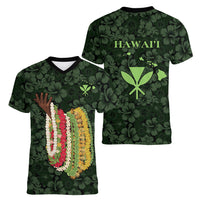 Hawaii Lei Kamehameha Women V-Neck T-Shirt Oma'oma'o Seamless Pattern Hibiscus Flower LT9 - Polynesian Pride