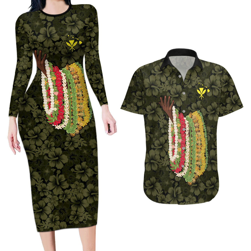 Hawaii Lei Kamehameha Couples Matching Long Sleeve Bodycon Dress and Hawaiian Shirt Melemele Seamless Pattern Hibiscus Flower LT9 Yellow - Polynesian Pride