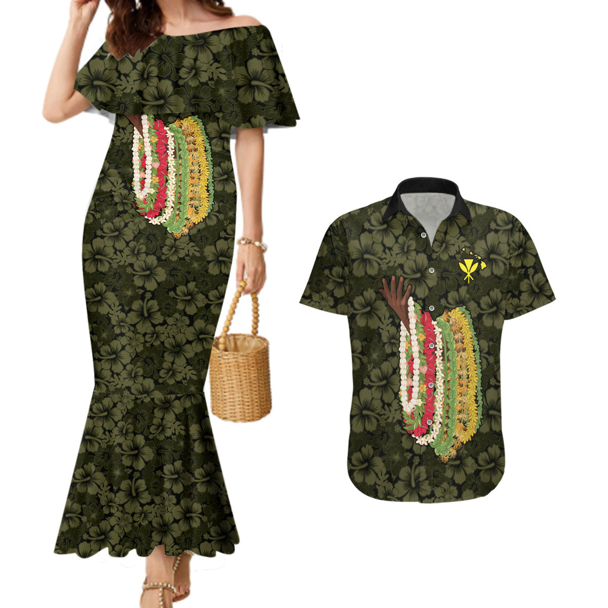 Hawaii Lei Kamehameha Couples Matching Mermaid Dress and Hawaiian Shirt Melemele Seamless Pattern Hibiscus Flower LT9 Yellow - Polynesian Pride