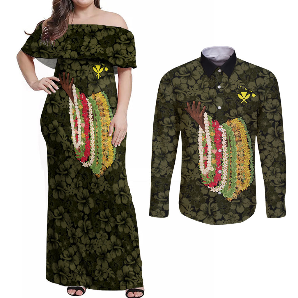 Hawaii Lei Kamehameha Couples Matching Off Shoulder Maxi Dress and Long Sleeve Button Shirt Melemele Seamless Pattern Hibiscus Flower LT9 Yellow - Polynesian Pride